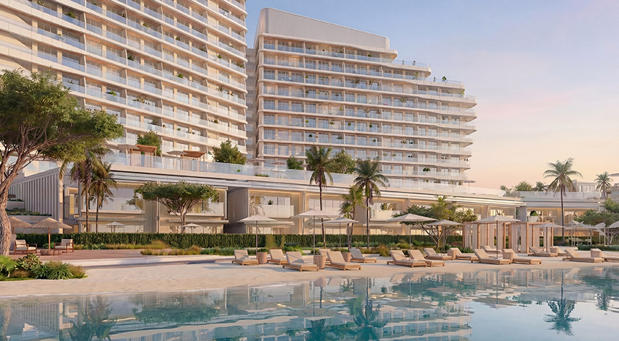 Pool deck and beachfront at Fairmont Residences Al Marjan Island