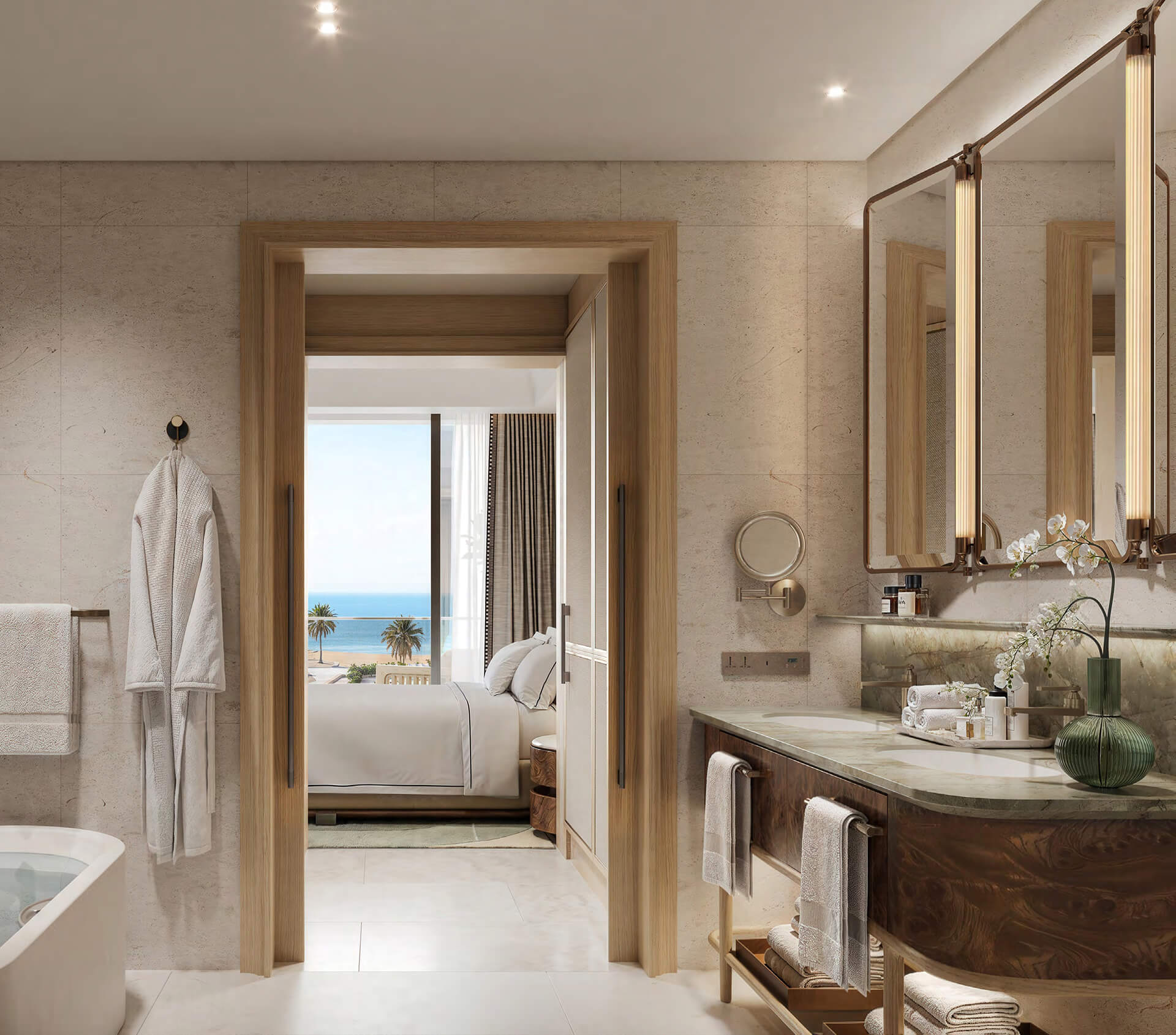 Ensuite bathroom opening onto the bedroom and sea view