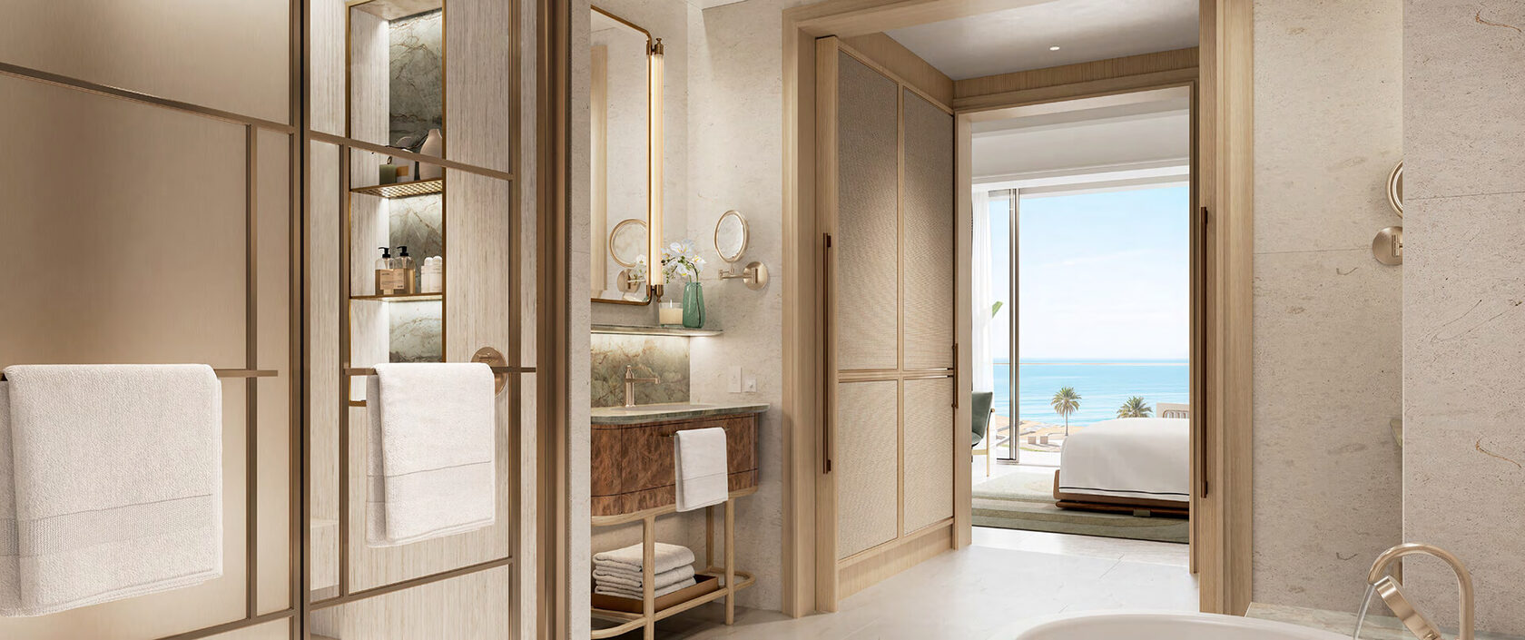 Dressing room and ensuite with sea view beyond